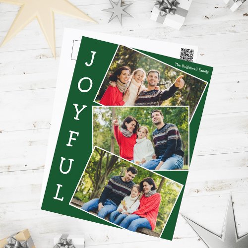 Joyful Green 3 Family Photo Collage Christmas Holiday Postcard