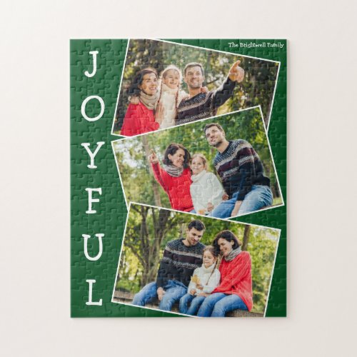 Joyful Green 3 Family Photo Collage Christmas Jigsaw Puzzle