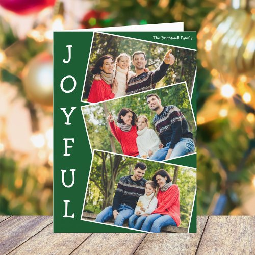 Joyful Green 3 Family Photo Folded Christmas Holiday Card