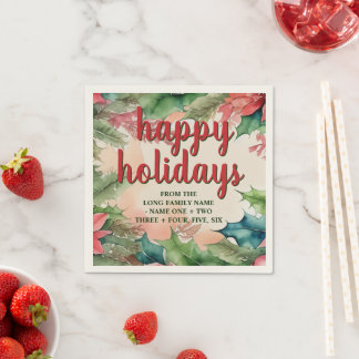 Joyful Green Holly Wreath Red Poinsettia Holiday Napkins
