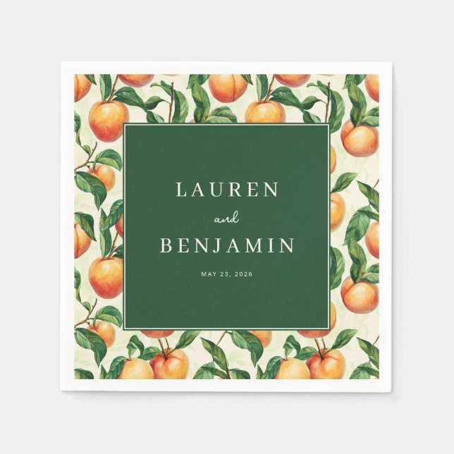 Joyful Green Peach Illustration Napkins (Front)