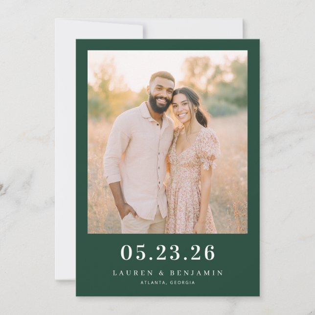 Joyful Green Rustic Photo Save The Date (Front)