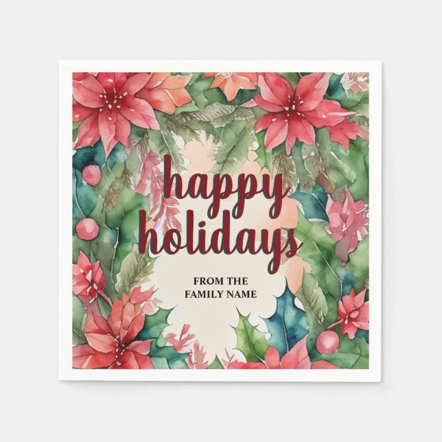 Joyful Green Wreath & Red Poinsettia Holiday Napkins (Front)