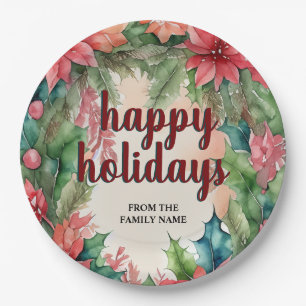 Joyful Green Wreath & Red Poinsettia Holiday Paper Plates