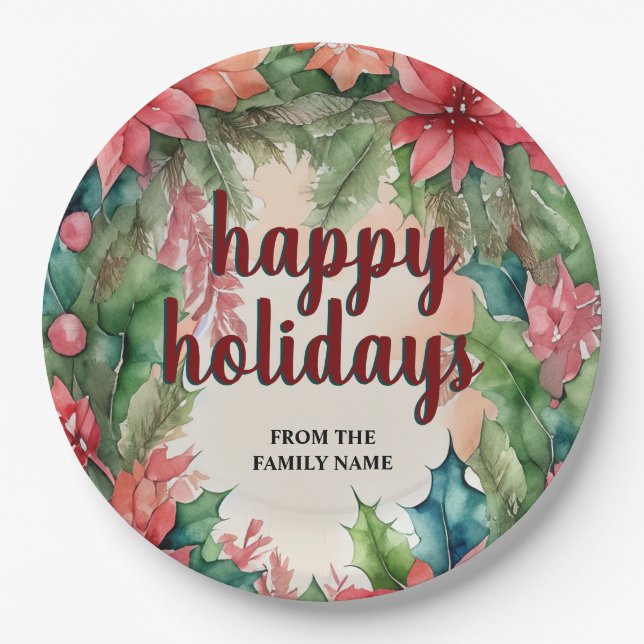Joyful Green Wreath & Red Poinsettia Holiday Paper Plates (Front)