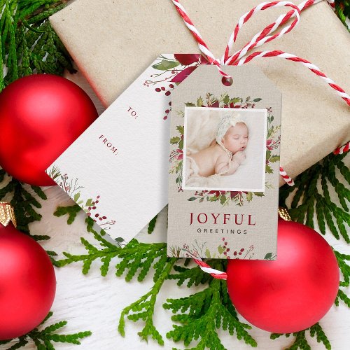 Joyful Greenery Custom Photo Merry Christmas Gift Tags