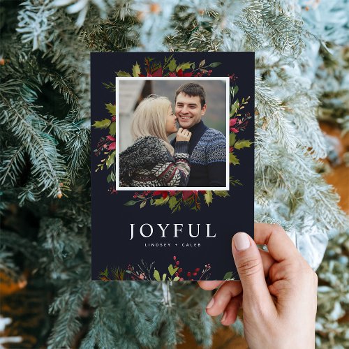 Joyful Greenery  Editable Colors Flat Photo Holiday Card