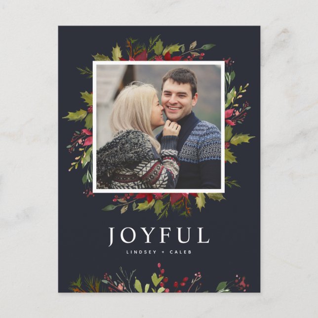 Joyful Greenery | Editable Colors Photo Holiday Postcard (Front)