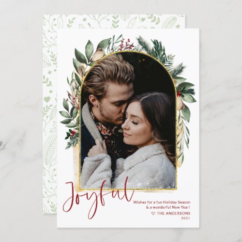 Joyful Greenery Gold Arch  Snow Overlay 1 Photo Holiday Card