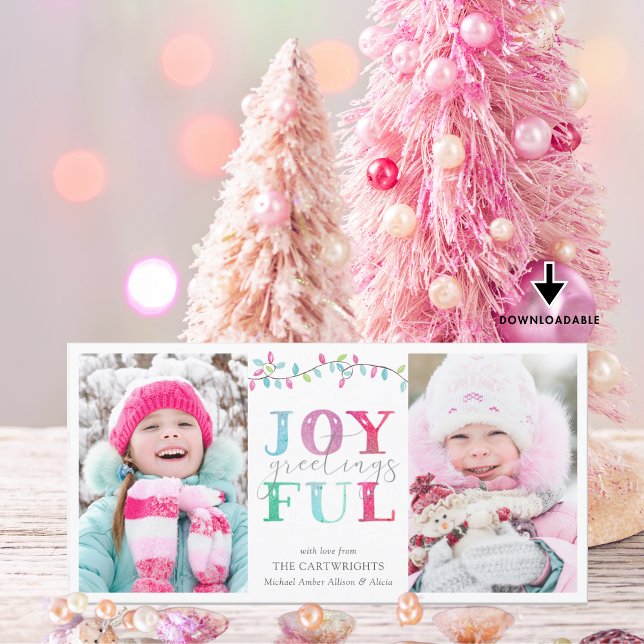 JOYFUL GREETINGS | Pastel Holiday Lights 2 Photos Card (Creator Uploaded)