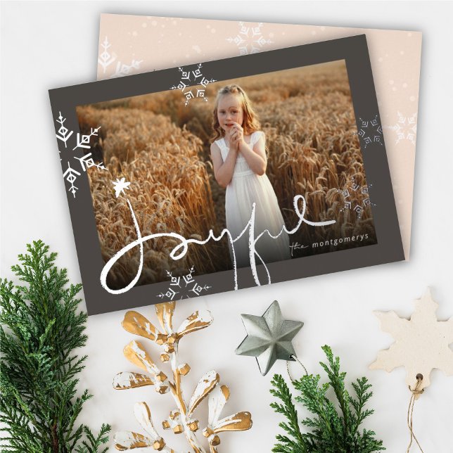 Joyful Hand-Drawn Script Geometric Snowflake Photo Foil Holiday Card (Creator Uploaded)