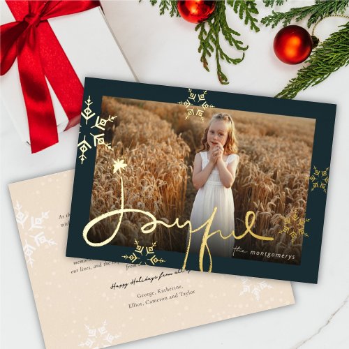 Joyful Hand_Drawn Script Geometric Snowflake Photo Foil Holiday Card