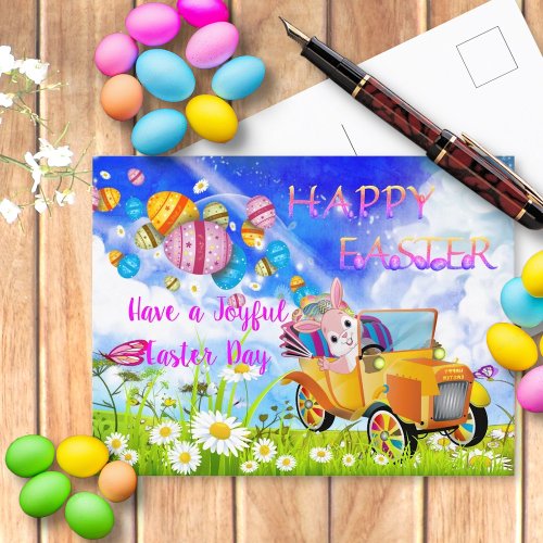 Joyful Happy Bunny Delivering Colorful Easter Eggs Postcard