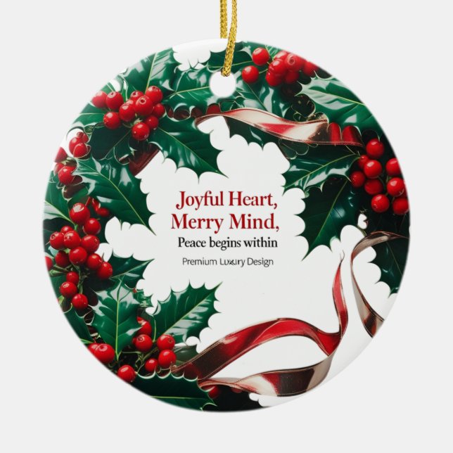 Joyful Heart, Merry Mind — Luxury Holly Berry Ceramic Ornament (Front)