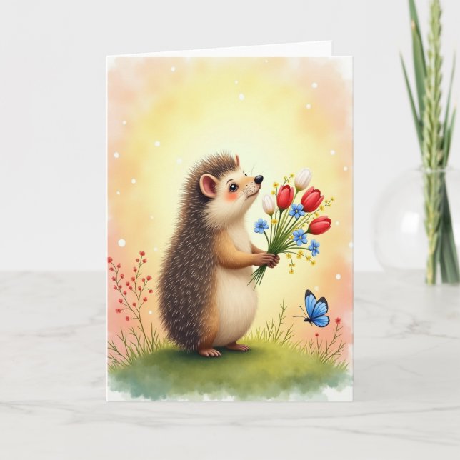 Joyful Hedgehog Flowers Card (Front)