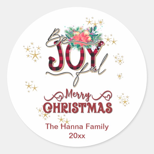 Joyful Holiday Floral and Plaid Christmas Classic Round Sticker (Front)