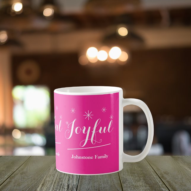Joyful Holiday Gift Script Chic Hot Pink Christmas Coffee Mug (Personalize these Joyful hot pink mugs and enhance your festivities.)