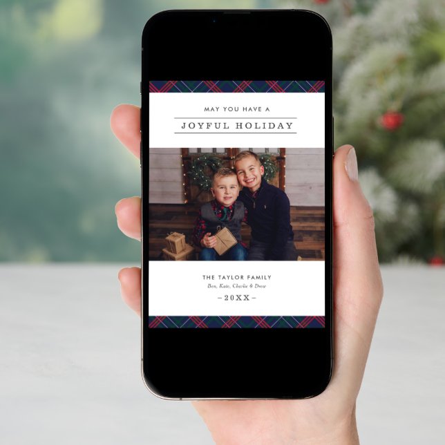 Joyful Holiday Plaid Photo Greeting (Front Digital)
