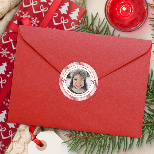 Joyful Holiday Red Bow and Stripes Custom Photo Classic Round Sticker (Creator Uploaded)