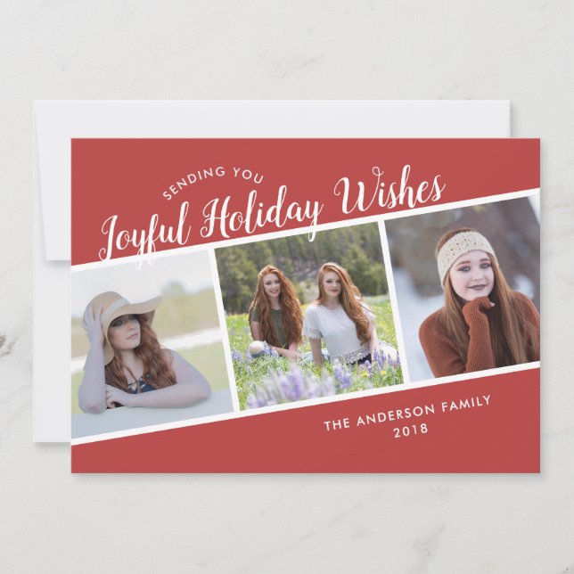 Joyful Holiday Wishes | 3 Photo Christmas Card (Front)