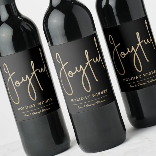 JOYFUL Holiday Wishes Gold Faux Foil Black Wine Label