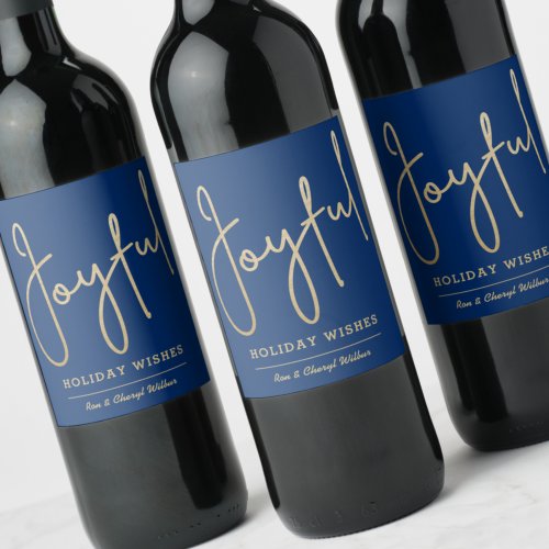 JOYFUL Holiday Wishes Gold Faux Foil Blue Wine Label