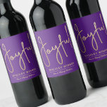 JOYFUL Holiday Wishes Gold Faux Foil Purple Wine Label<br><div class="desc">Joyful in a faux gold foil script and your names in chic lettering,  these purple wine bottle labels are stylish for any Christmas holiday occasion or to label bottles of wine for gift giving.</div>