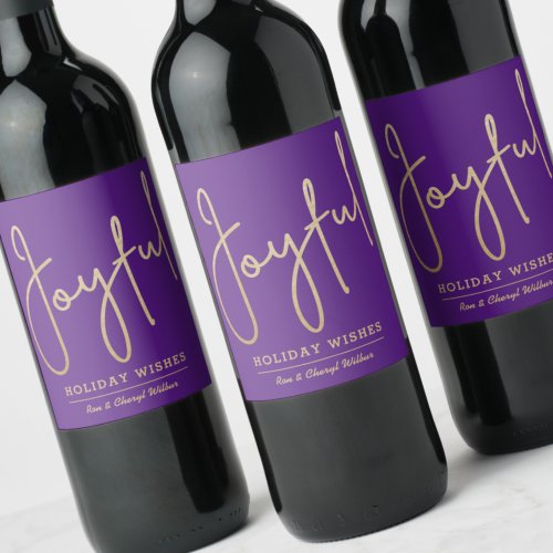 JOYFUL Holiday Wishes Gold Faux Foil Purple Wine Label