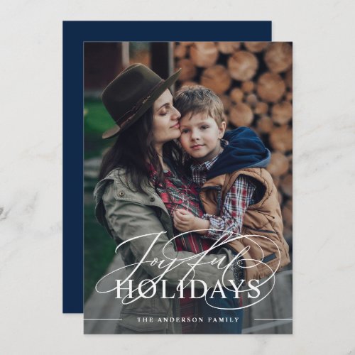 Joyful Holidays  Elegant Script Photo Dark Blue Holiday Card