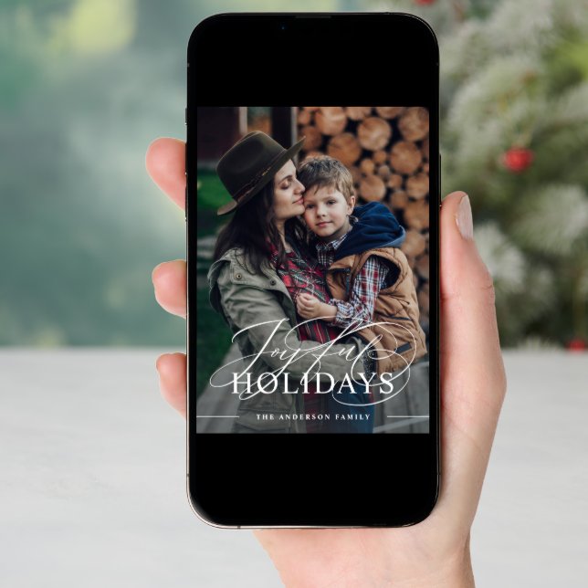 Joyful Holidays | Elegant Script Photo Merlot Red Holiday Card (Front Digital)