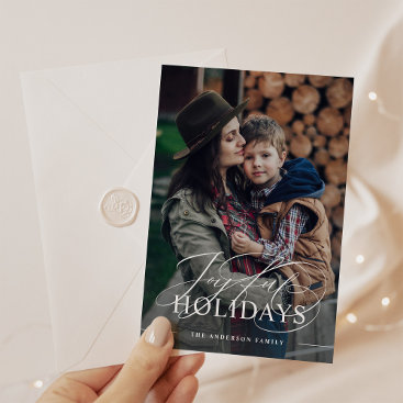 Joyful Holidays | Elegant Script Photo Merlot Red Holiday Card