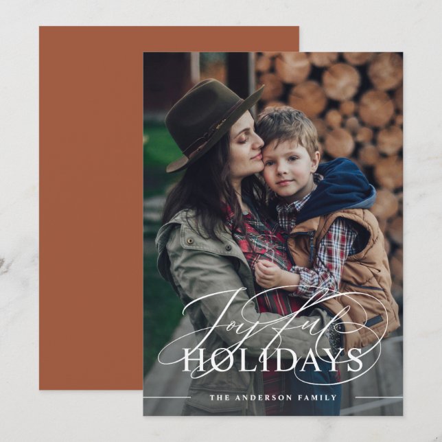 Joyful Holidays | Elegant Script Photo Terracotta Holiday Card (Front/Back)
