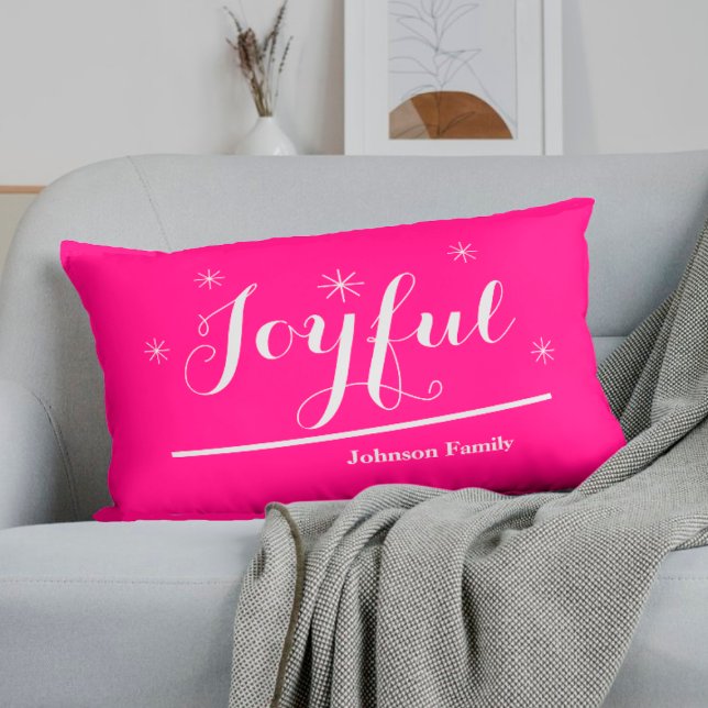 Joyful Holidays Script Family Name Chic Hot Pink   Lumbar Pillow (Infuse your holidays with a Joyful spirit. These hot pink lumbar pillows can really do the trick.)