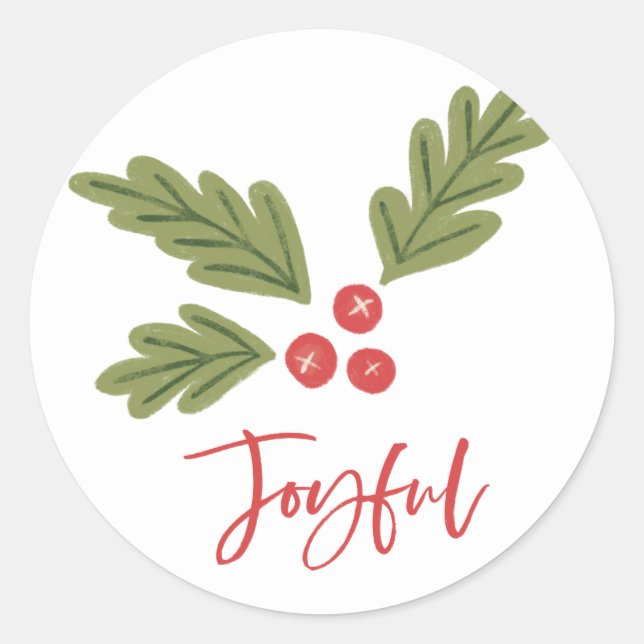 Joyful Holly Berry Modern Bold Holiday Red Classic Round Sticker (Front)