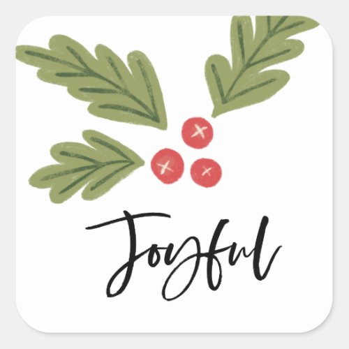 Joyful Holly Berry Modern Bold Holiday White Square Sticker