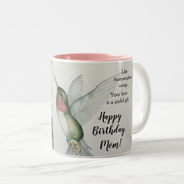Joyful Hummingbird Mom Birthday Watercolor Two-Tone Coffee Mug (Front Right)