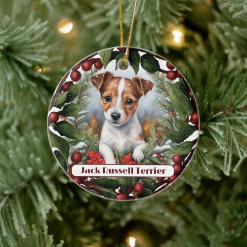 Joyful Jack Russel Personalize Christmas  Ceramic Ornament