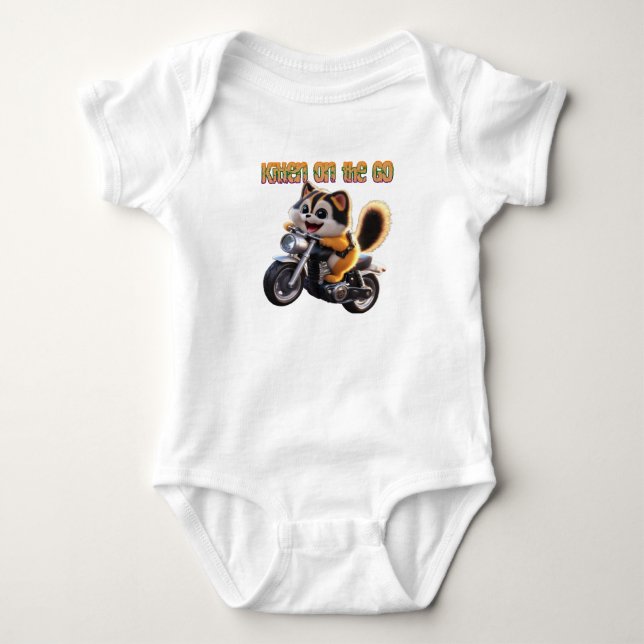 Joyful Journey with Kitten's Motorcycle Smile Baby Bodysuit (Front)