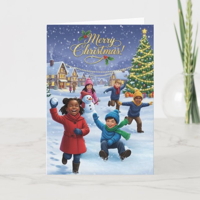 Joyful Kids Playing in the Snow – Merry Christmas Card (Front)