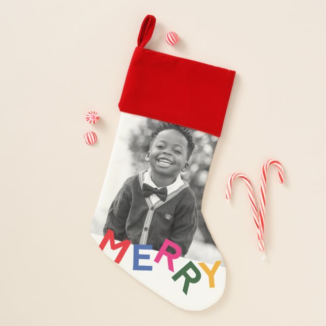 Joyful Lettering Holiday Photo Christmas Stocking (Front)