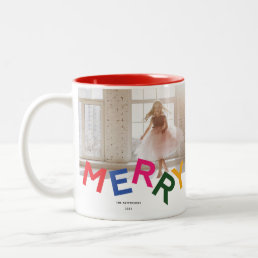 Joyful Lettering Holiday Photo Collage Two-Tone Coffee Mug