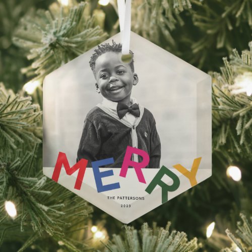 Joyful Lettering Holiday Photo Glass Ornament