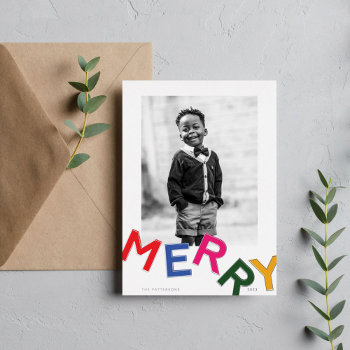 Joyful Lettering Shiny Silver Photo Foil Holiday Card by origamiprints at Zazzle