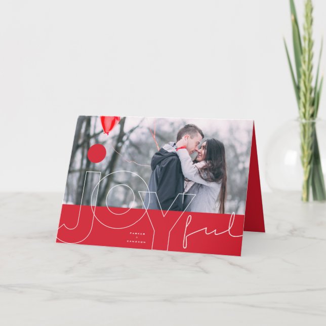 Joyful Lines Big Red Dot Modern Typography Photo Holiday Card (Front)
