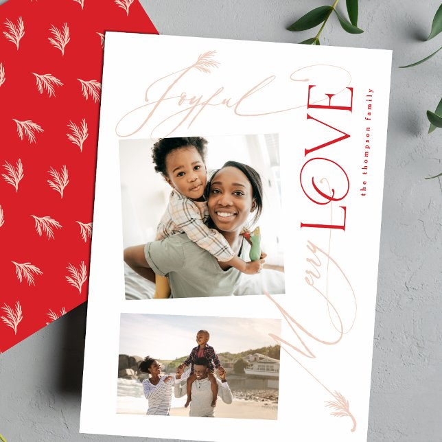 Joyful LOVE Merry Collage 2+ photo Modern Holiday Card (Creator Uploaded)