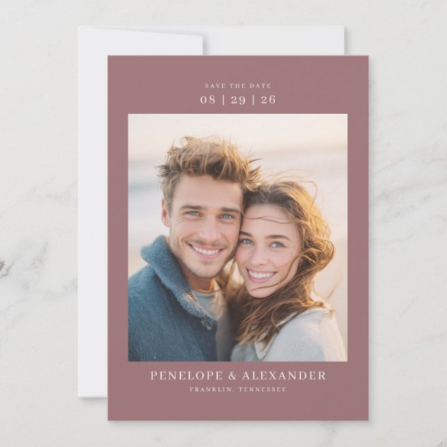 Joyful Maroon Modern Photo Save The Date (Front)