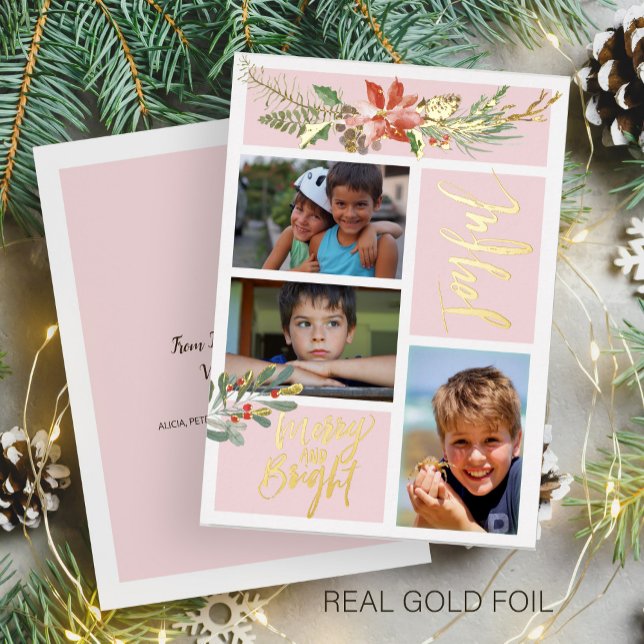 Joyful Merry and Bright Christmas photo blush gold Foil Holiday Card (Creator Uploaded)