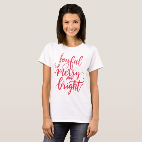 Joyful merry and bright red candy cane script T_Shirt