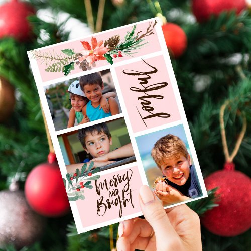 Joyful Merry and Bright Watercolor Christmas Photo Holiday Card