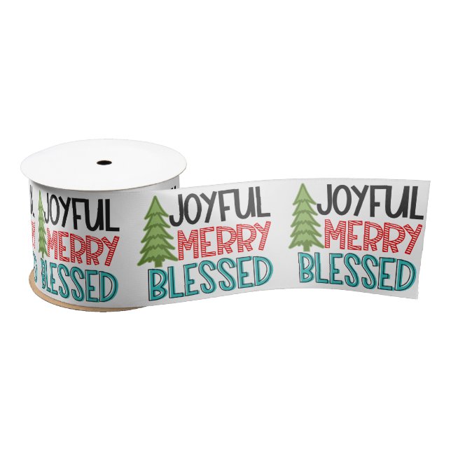 Joyful Merry Blessed Christmas Tree Modern Holiday Satin Ribbon (Spool)